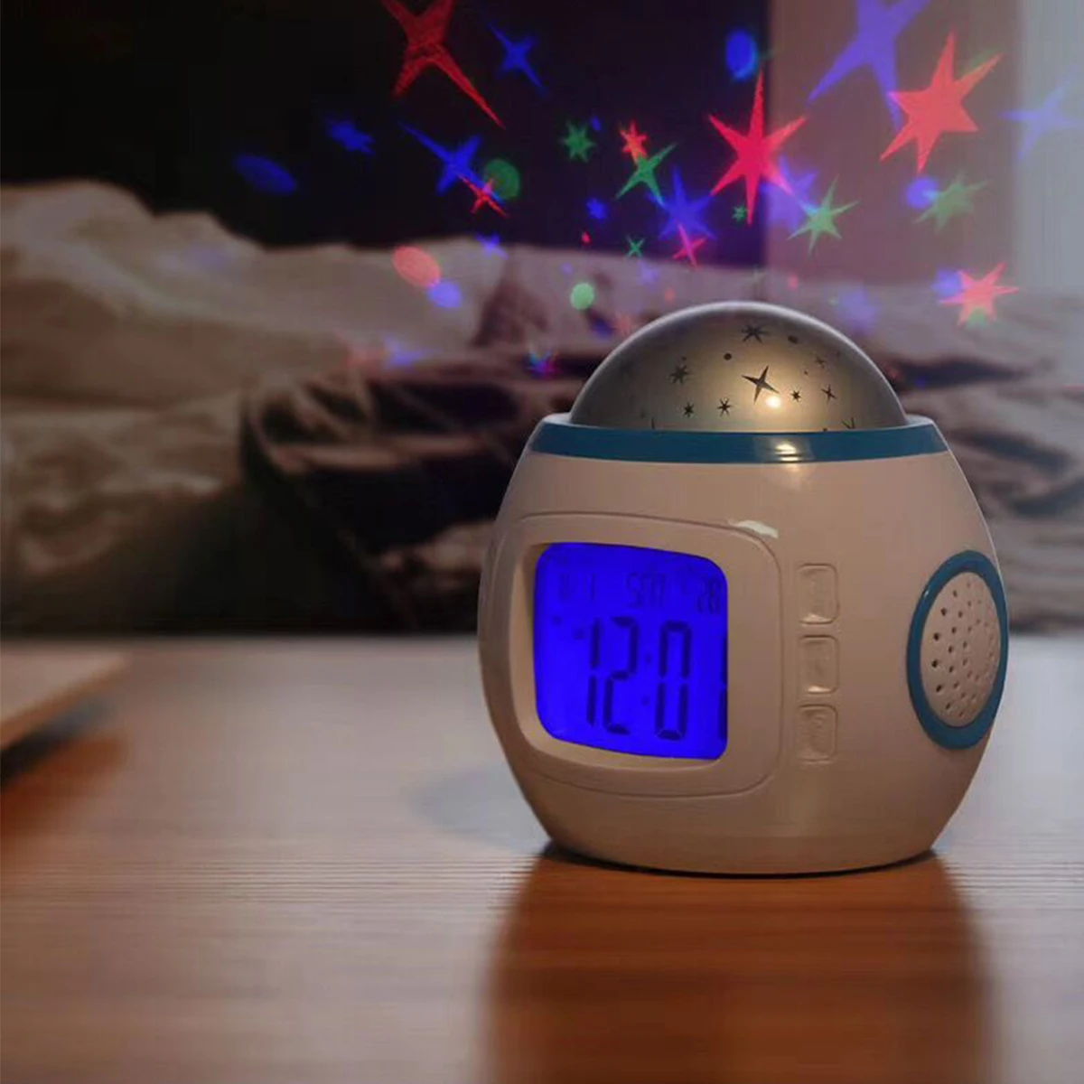 LED Digital Alarm Star Projector Alarm Lamp with Calendar Thermometer Clock for Bedroom Living Room Kid Bedside Decor Nightlight