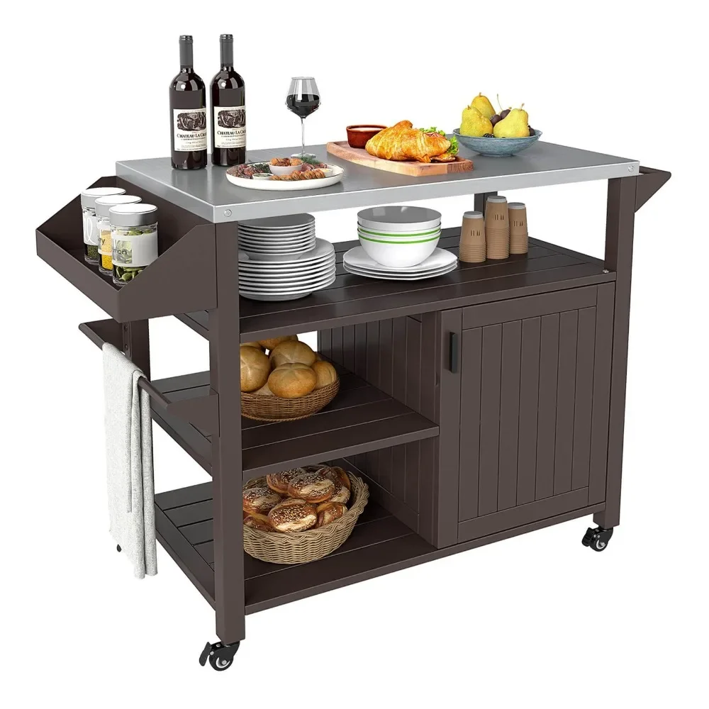 

Outdoor Grill Cart Movable Prep Table with Storage Cabinet Shelves for BBQ