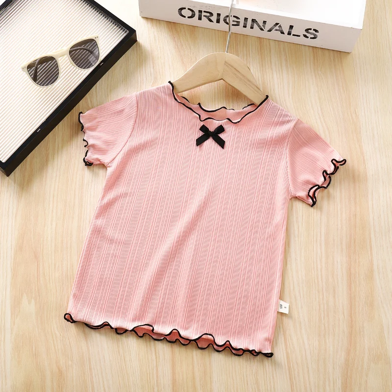 Summer Baby Girls T-shirts Cute Bow Ice Silk Tops for Girls Children's Clothes Soft Breathable Short Sleeve Tees for Kids Outfit