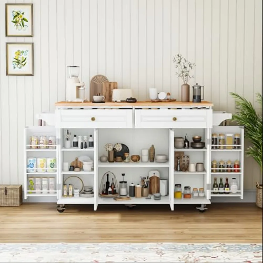 Kitchen island cart for cooking and dining, wood-look laminate, white, mobile with locking wheels, drop-leaf breakfast bar, sto