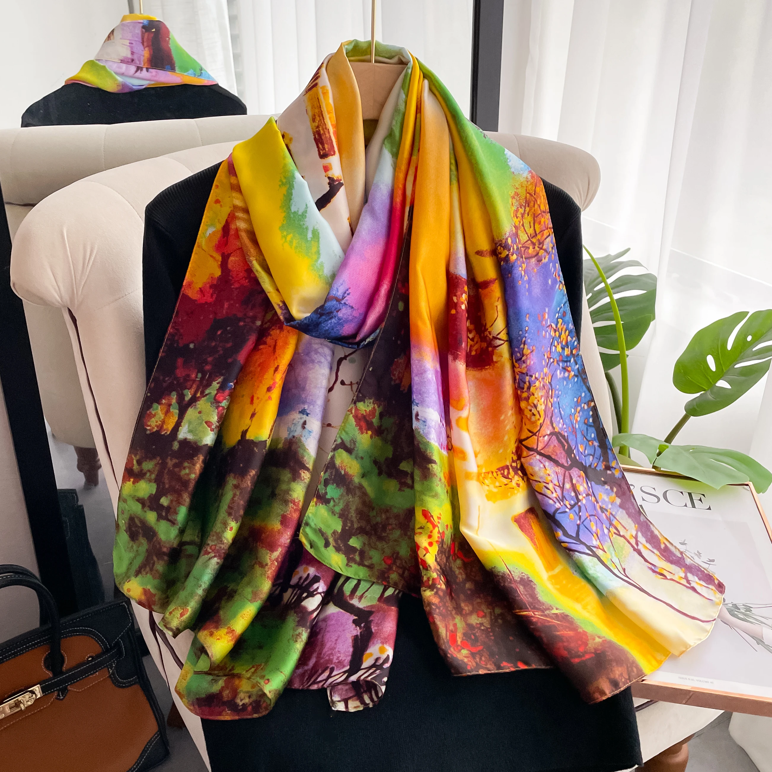 Women\'s Summer Sun Chiffon Scarf Geometric Print Sun Shawl Silk Elegant Beach Color