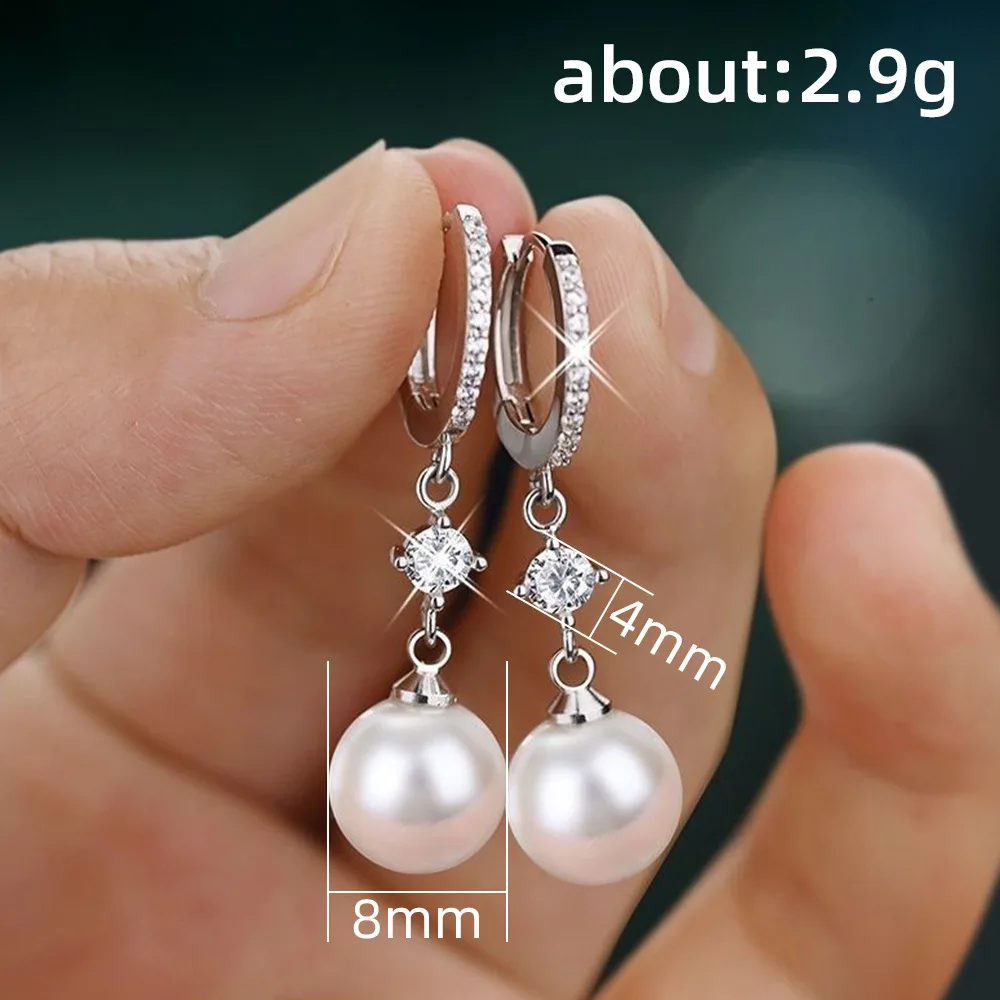 Fashion White Imitation Pearl Dangle Earrings Dazzling CZ Women Engagement Wedding 925 Silver Needle Accessories Fashion Earring