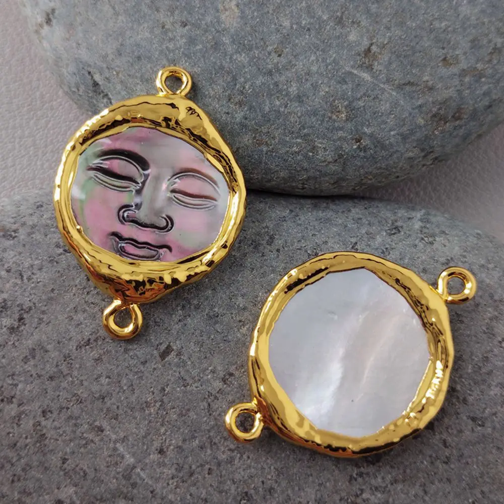5 pcs 25mm Natural grey Shell Facial Carved face shape   Connectors Bezel Double Ring Jewelry Finding