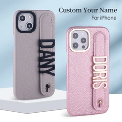 Personalized letter name Leather Phone Case cell phone holder iPhone16 15 14 13 12 11ProMax 15 16Plus wristband stand Cover