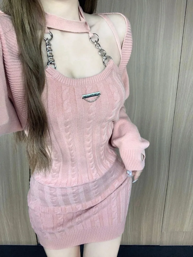 Fashion Hot Girl  knitted Sets For Women 2 Pieces Crop Top Pink Cardigan Female Mini Wrap Knitted Dresses Elegant Women\'s Sets