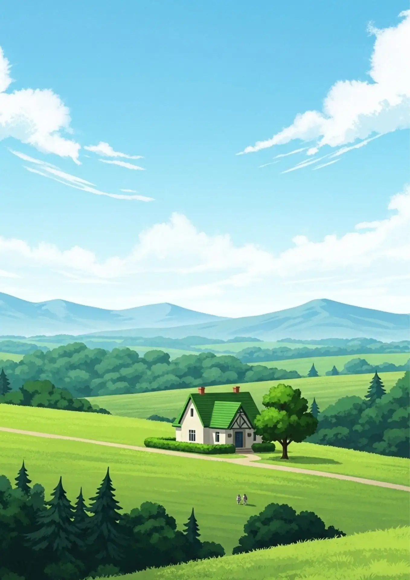 

Anime Countryside Cottage Jigsaw Puzzle, Green Meadow Mountain Blue Sky Art Living Room Wall Decor For Kids