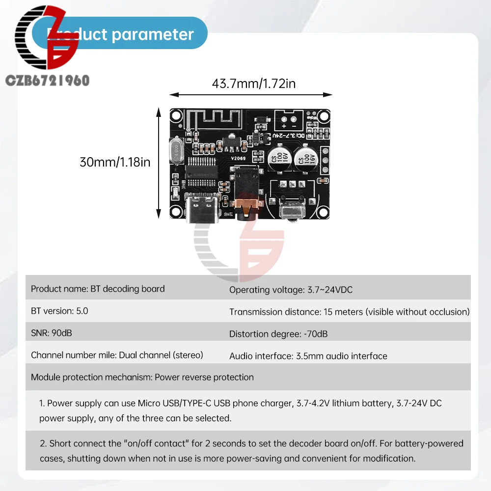 Scheda ricevitore audio Bluetooth DC 3.7-24V Bluetooth 5.0 Scheda di decodifica MP3 Lossless Modulo musicale audio stereo con telecomando