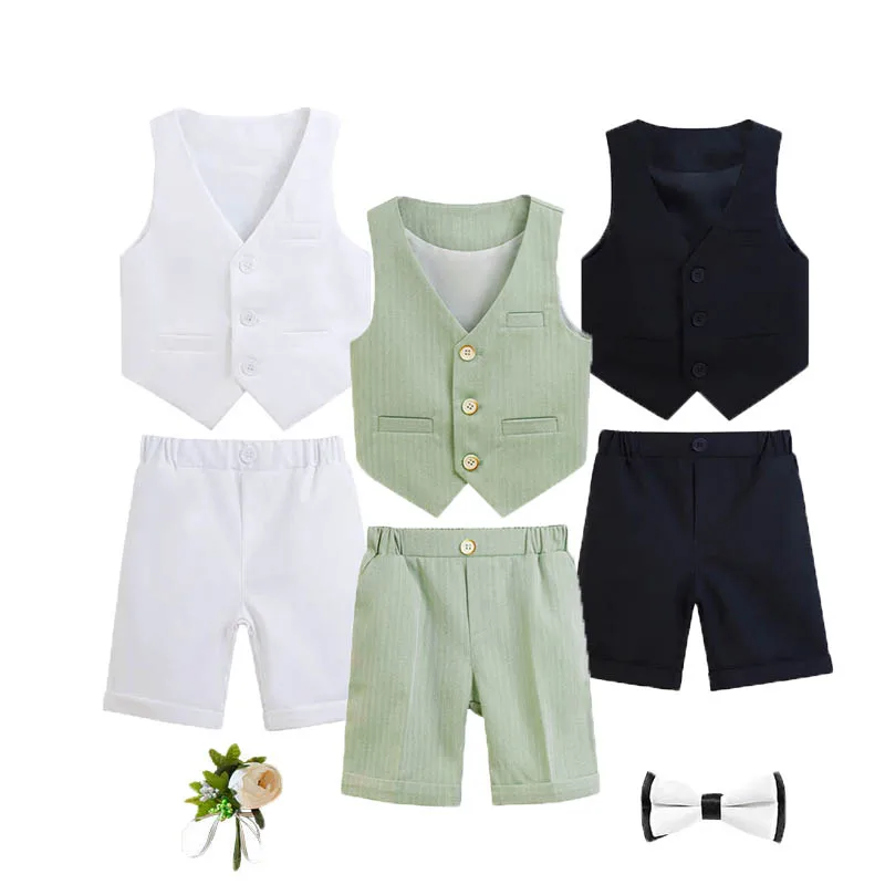 Kids Vest Shirt Shorts Bowtie Ceremony Costume Boys Silm Fit Wedding Dress Children Summer Green Breathable Photography Suit