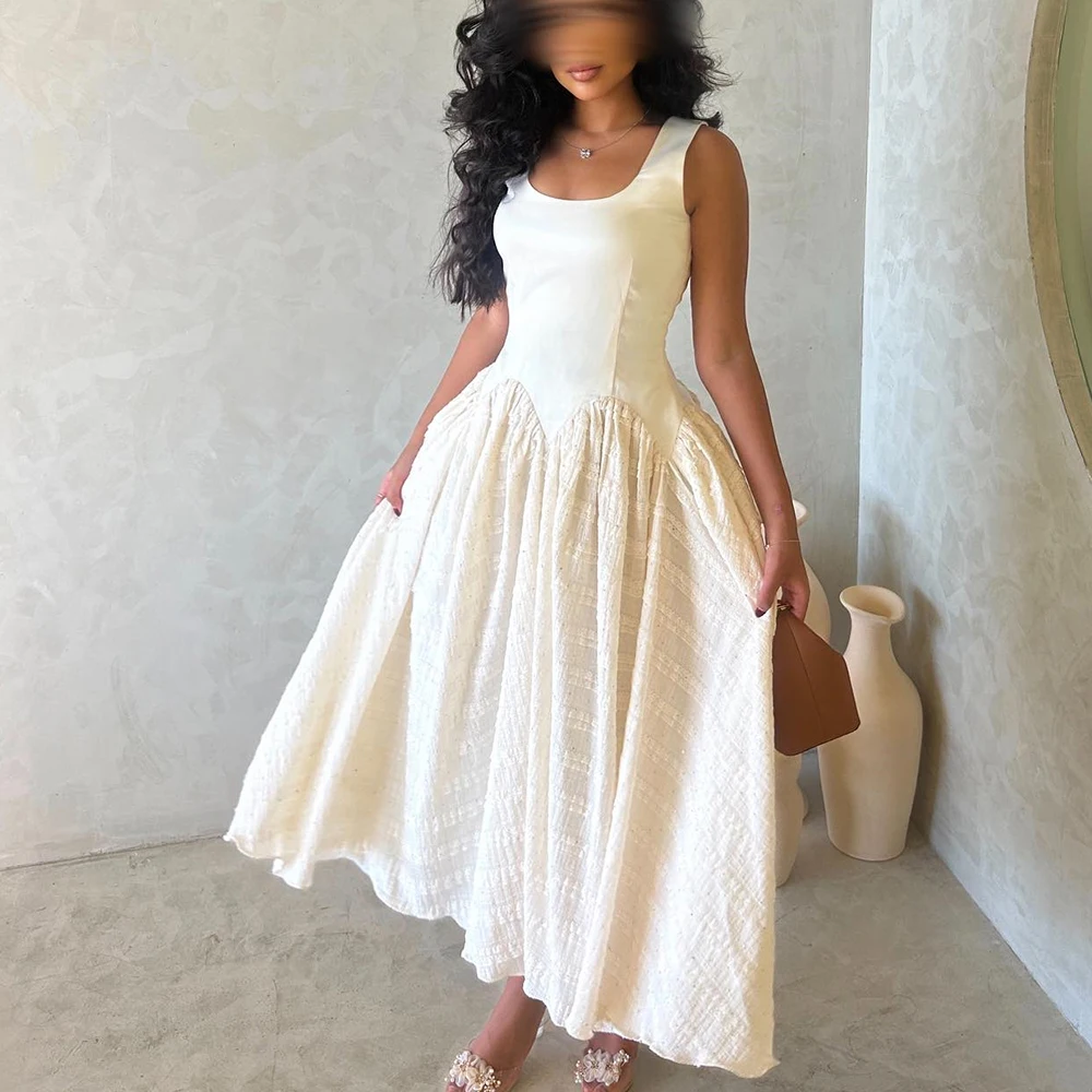 

Customized Graceful Scoop Spaghetti Straps Ankle Length Evening Dress Temperament A-Line White Pleats Prom Gown платье вечернее