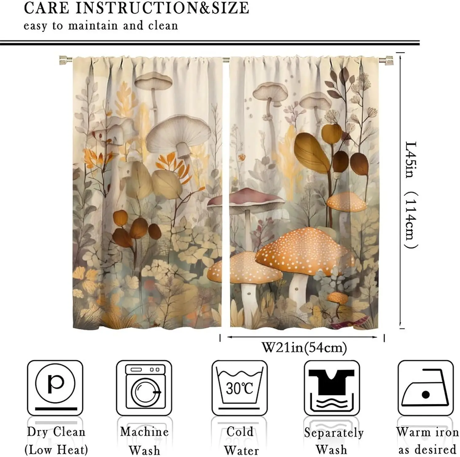 Vintage Boho Mushroom Foliage Floral Print Blackout Rod Pocket Curtain Beige Light Zen Cottage Homestay Bedroom Rest Bay Window