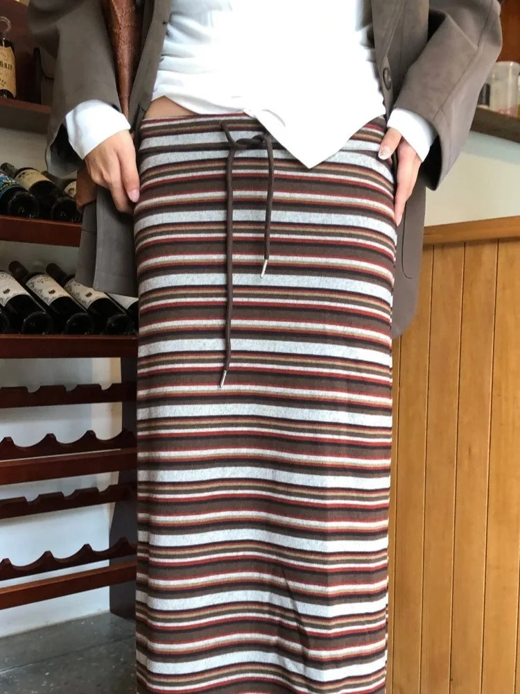 

Юбка трапециевидной формы с высокой талией в стиле ретро, женские модные полосатые юбки с разрезом, корейские юбки для похудения, осень-зима