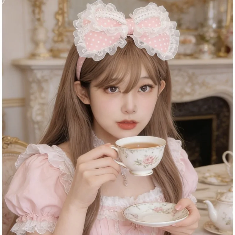 

Handmade Hairpin with Large Bow, Lace Material, Cosplay Hair Clip, Polka Dot Design for Tea Party, Delicate Headpiece