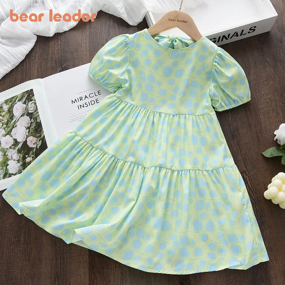 Bear Leader Girls Polka-Dot Dress 2023 Summer Short Sleeve Bow Childrens Clothing Kids Baby Princess Dresses Cotton Kids Clothes