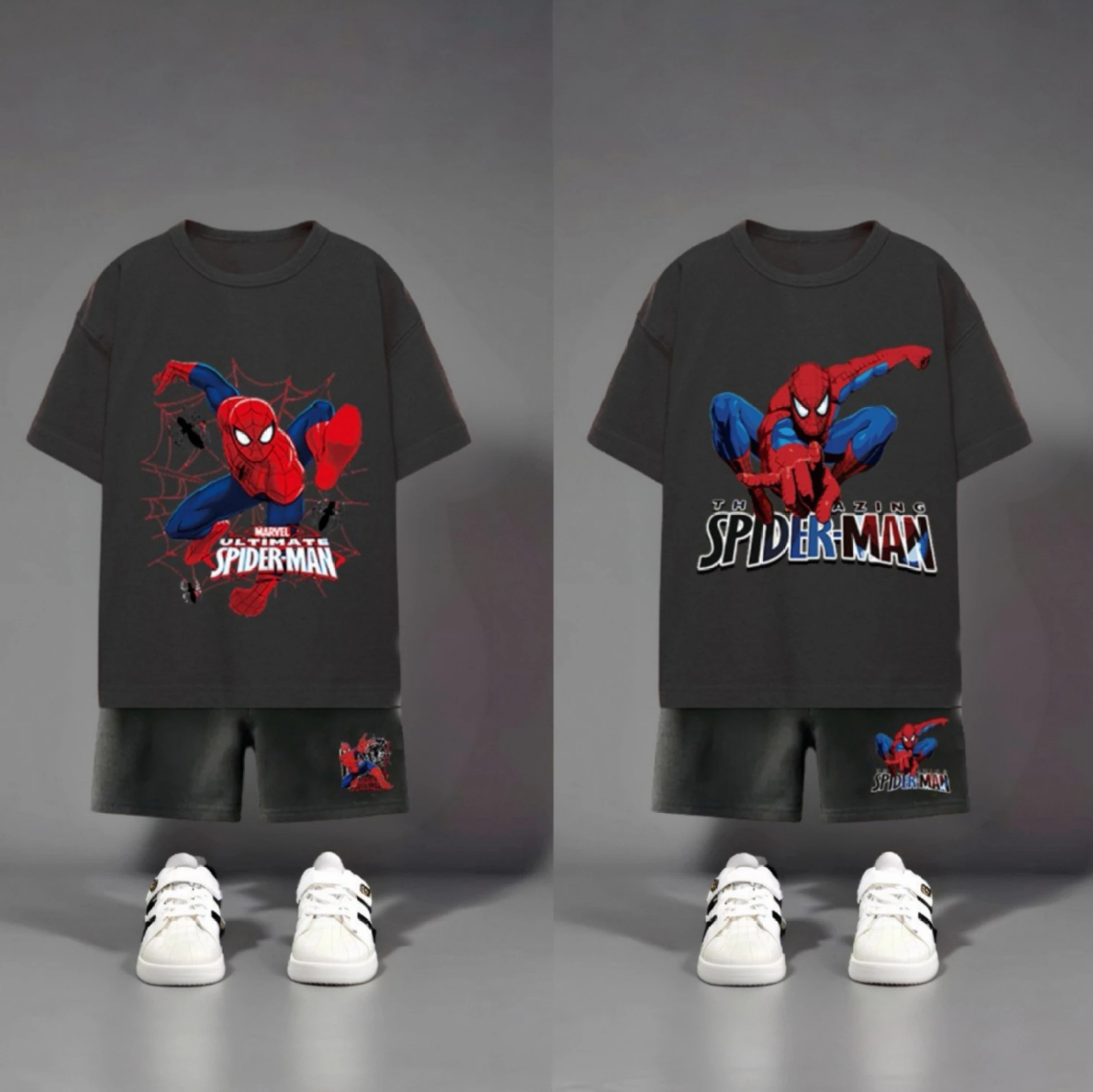 Black Short Sleeved Suit Kids Summer Clothing Cartoon Printed Fashion T-shirt + Shorts 2piece Children Spider-man Tees Outfits