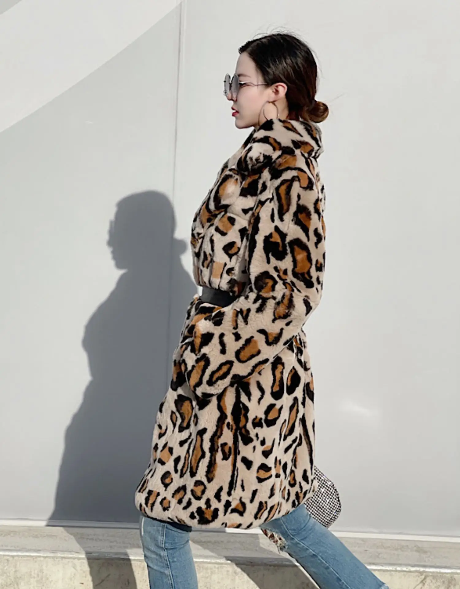 FURSHEHE 2024 Winter Women Natural Rabbit Fur Coat Female Warm Jacket Leopard Pattern Turn-down Collar Long Fashion Overcoat