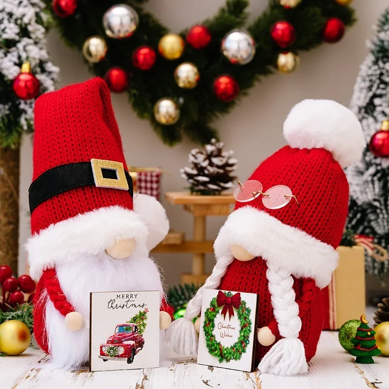 Suprimentos de decoração de natal bola de cabelo de natal chapéu de malha segurando cartão de madeira boneca anão 2025 criativo novo