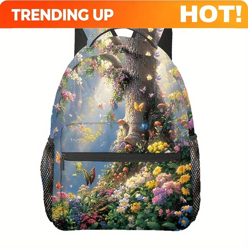 Custom Bag Fairytale Forest Floral Backpack - Lightweight Adjustable Straps, Vibrant Nature Print, Multiple Compartments For Tra