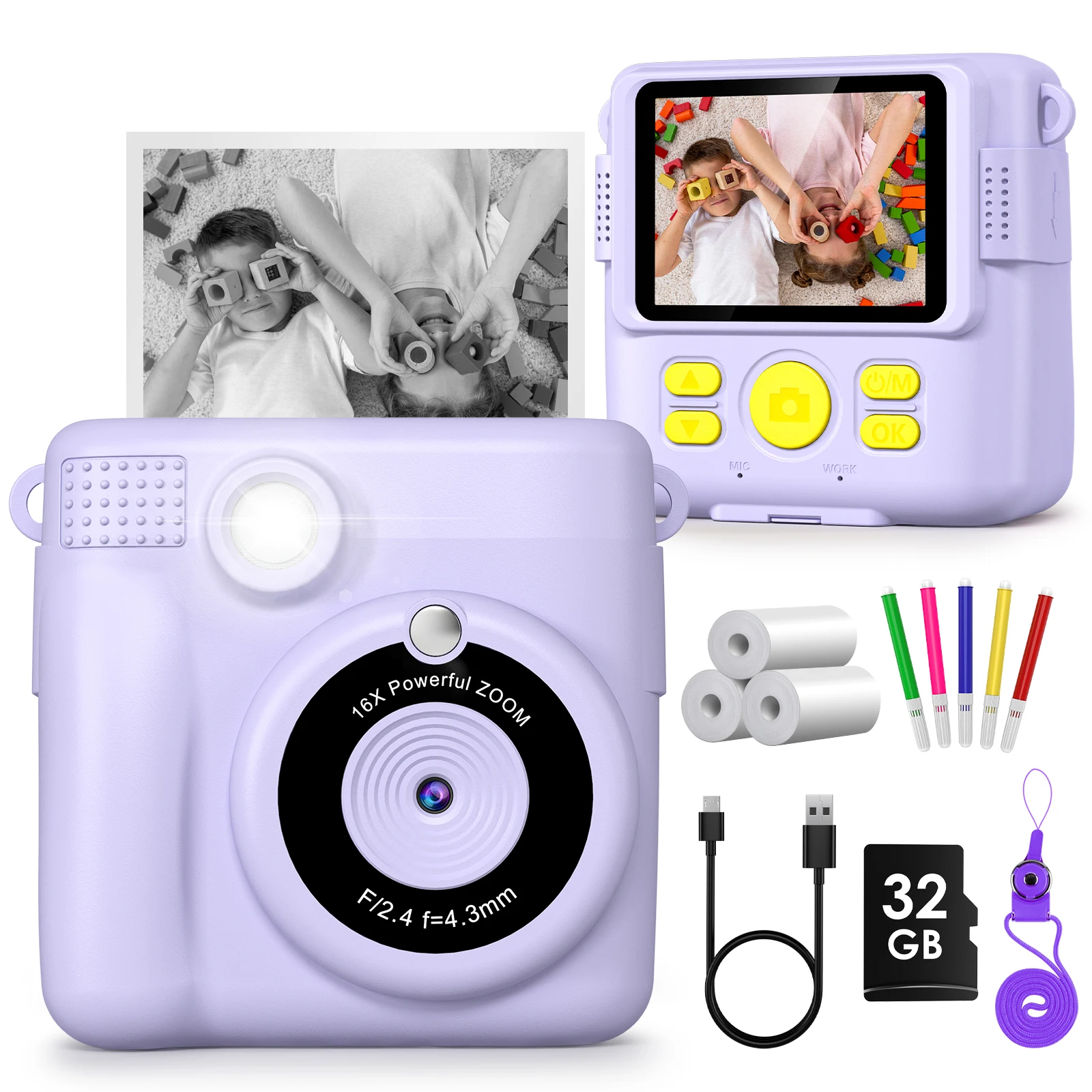 Appareil photo numérique pour enfants 2,4 "1080P HD caméra vidéo portable à impression instantanée avec carte 32 Go, cadeau d'anniversaire pour garçons filles 3-12