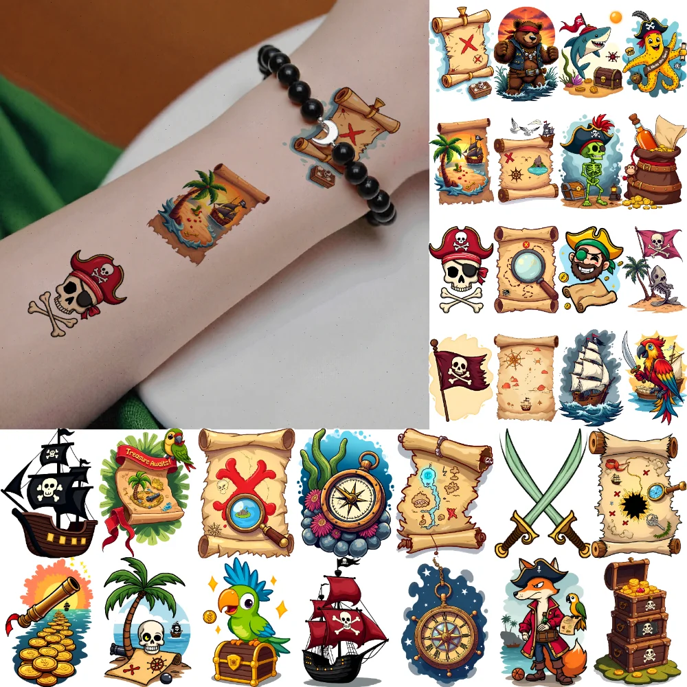 

63pcs Temporary Tattoo Pirate Ship Waterproof Long-lasting Body Stickers Cannon Compass Temporary Tattoo Stickers Palm Tree
