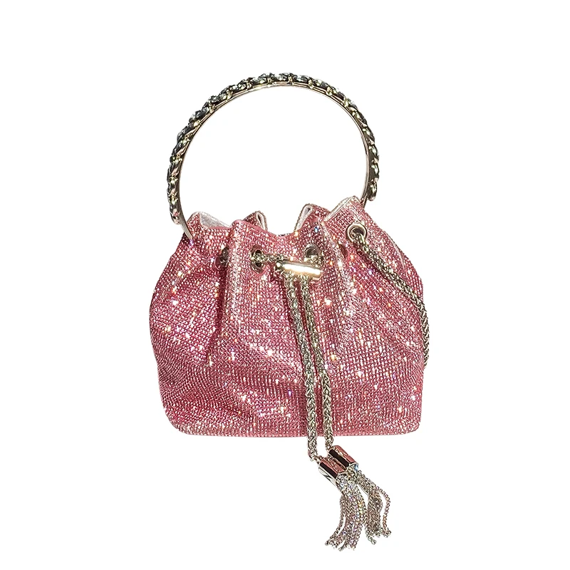 Pink Color Diamond Tassel Evening Clutch Bag Women Handbag Metal Handle Shiny Crystal Bucket Purse Chain Shoulder Crossbody Bag