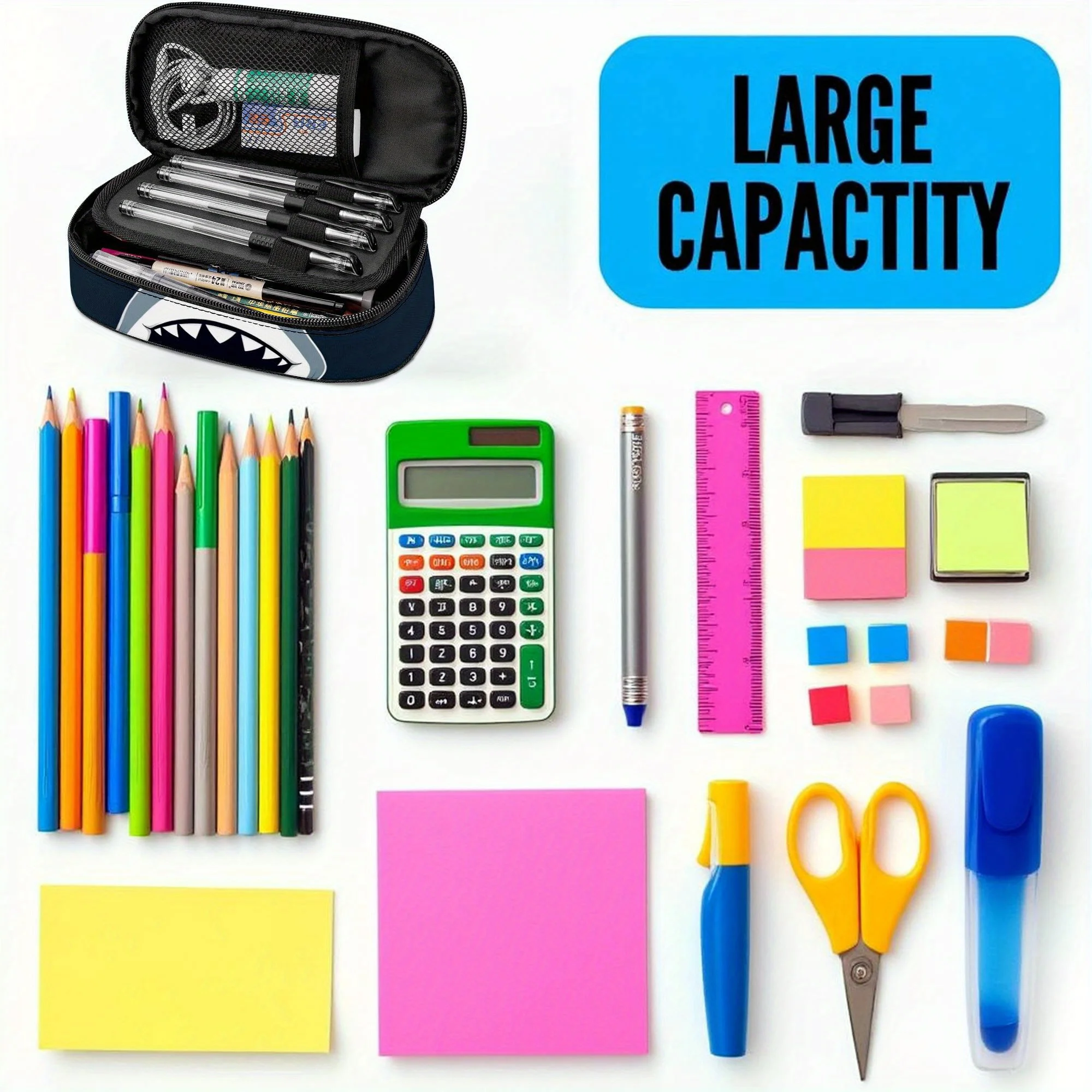 Shark Mouth Pencil Case - Durable Zipper Compartment Organizer with Playful Shark Design, Black & White
