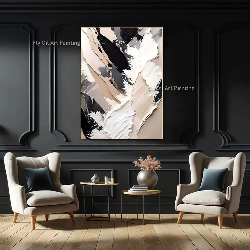Original Design Handmade Black Beige Canvas Thick Oil Painting New Fashion Black Yellow Large Abstract Wall Art Decor For Living