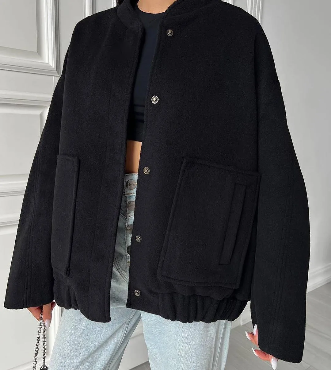 Casaco de gola alta feminino com bolsos grandes, casaco casual, solto, monocromático, outono, inverno, novo, 2022
