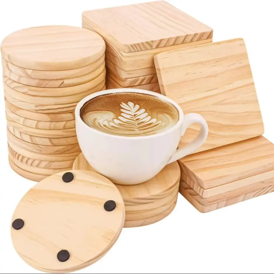72-teiliges Untersetzer-Set aus Naturkiefernholz, 36 runde + 36 quadratische 10cm Untersetzer, unbehandelt mit rutschfesten Pads für DIY-Bastelarbeiten