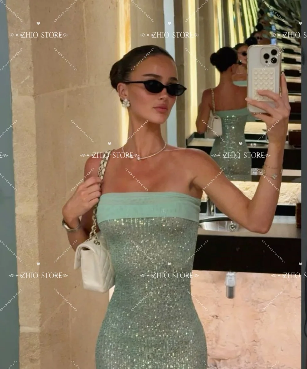 فساتين سهرة لامعة باللون الأخضر الفاتح من ZHIO مع شال ترتر بدون أكمام بطول الأرض للحفلات الراقصة والولائم المخصصة رداء السهرة