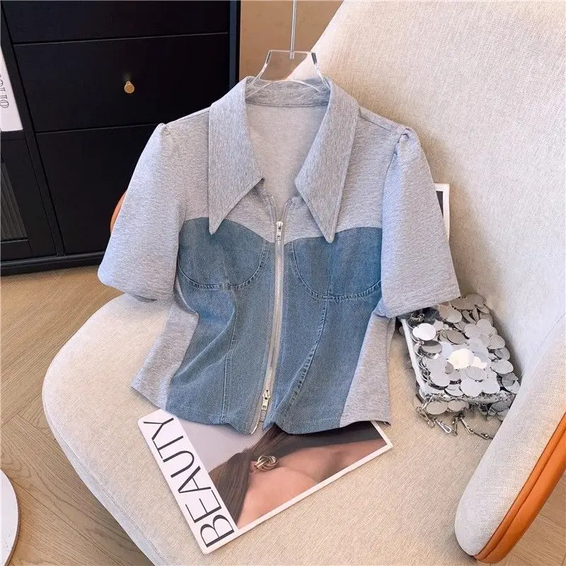 Casual Pant Sets Denim Splicing 2 Pieces Set Summer Polo Collar Zipper Tops + High Waist Wide Leg Trousers Women Clothing Suit