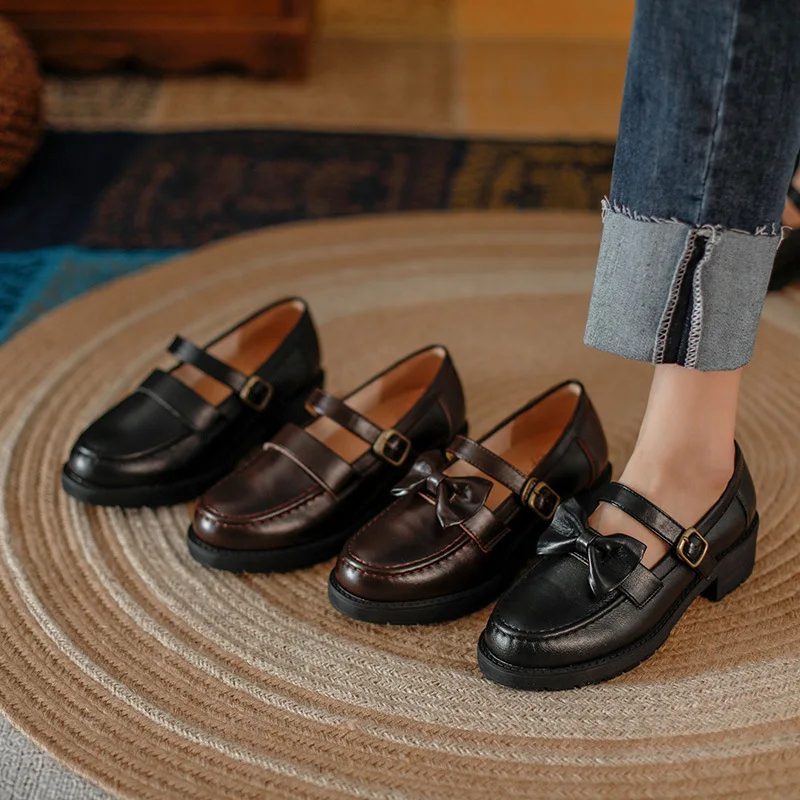 

Japanese Retro Brown Cowhide Mary Jane Shoes Korean Black Belt Buckle Bowknot Women Shoes Student Shoes Pumps