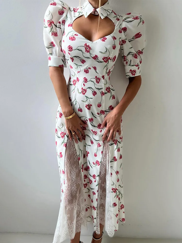 

Trendix Flower Print Long Dress Women Hollow Out Slim Short Sleeve Side Slit Maxi Dresses Lace Patchwork Elegant Evening Dress