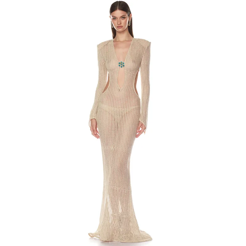 

High-end Photography Banquet Sexy Hollow Long Sleeve Dress Summer DeepVHot Style Mermaid Long Dress