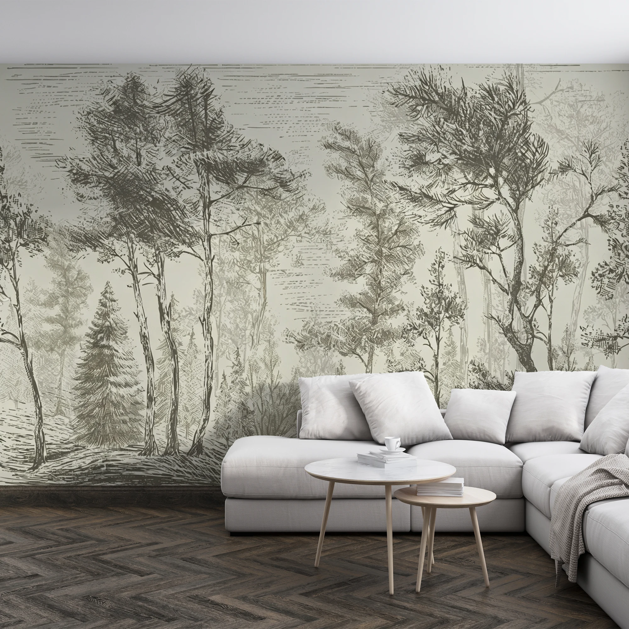 Vintage Sketch Forest Tree Wallpaper Retro Woodland Wall Mural Neutral Landscape Wall Decor For Living Room Bedroom