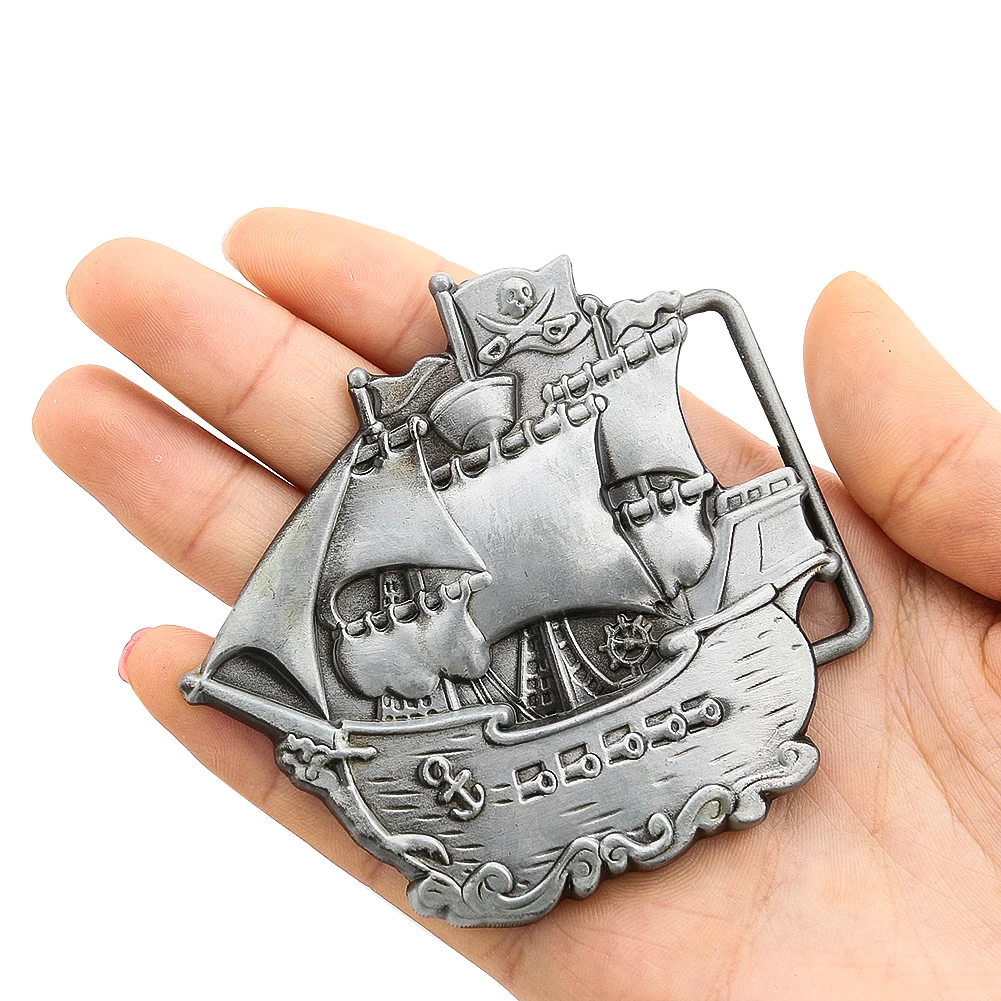 Zinc Alloy Sailing Boat Belt Buckle Western Cowboy Pirate Ship Flag Smooth Leash Fastener Leisure Men\'s Jeans Leather Accessory