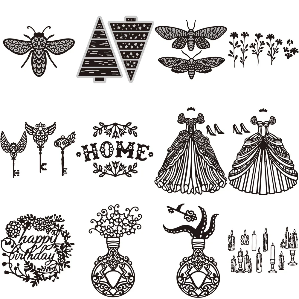 Princess Dress Home Happy Birthday Words Metal Cutting Dies Insects Leaves Diecut Mould for Diy Scrarpbooking Paper Cards Making