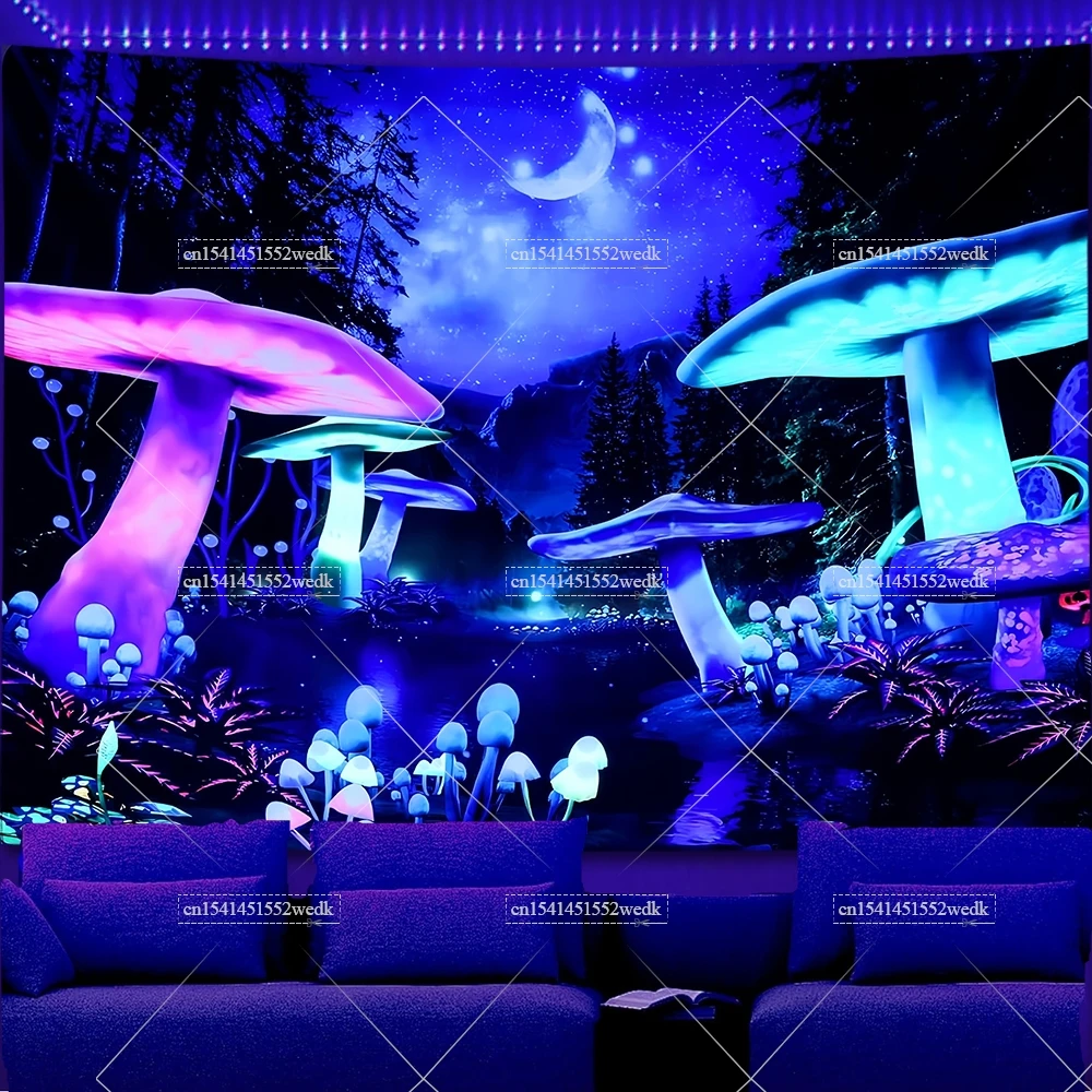 Mushrooms Galaxy Space Blacklight Tapestry Uv Reactive Glow In The Dark Mountains Butterfly Tapestrys Aesthetic Neon Backdrops