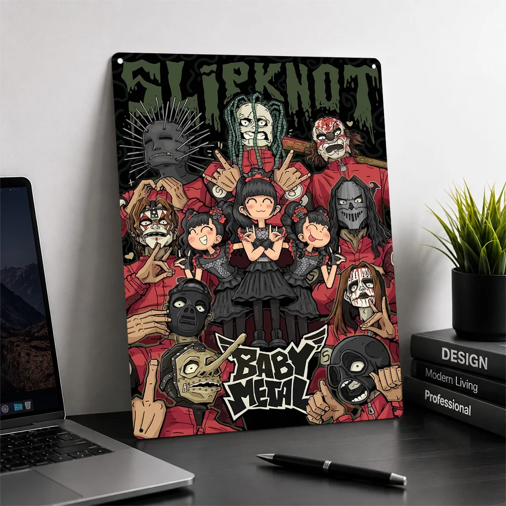 Slipknot and Babymetal Crossover Art 3D Texture Metal Poster Customized Wall Art Tin Sign Gift for Mancave Garage Accessories