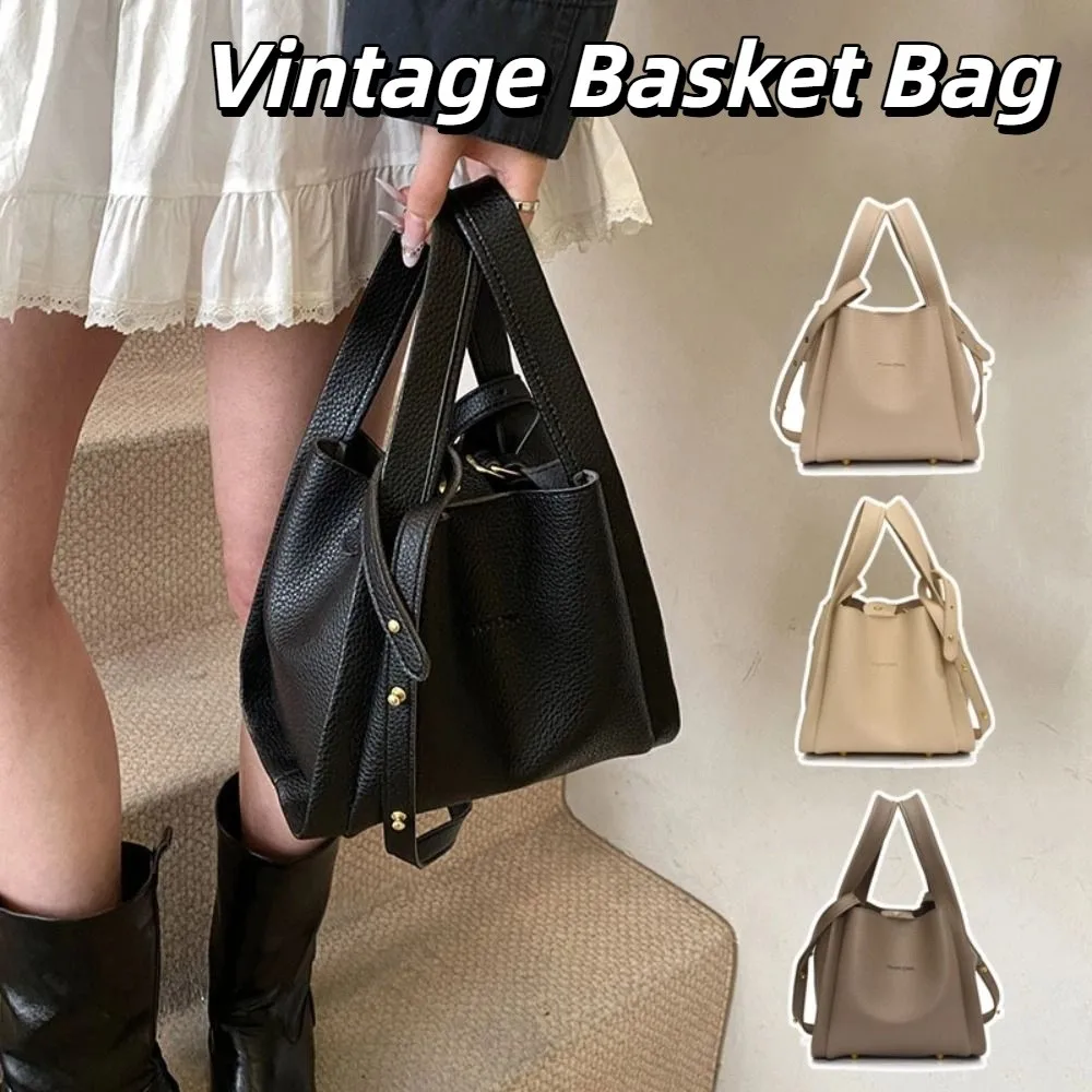 

Solid Color Vintage Basket Bag with Inner Bag Korean Style Shoulder Bag Women's Tote Bag Large Capacity PU Leather Bucket Bag