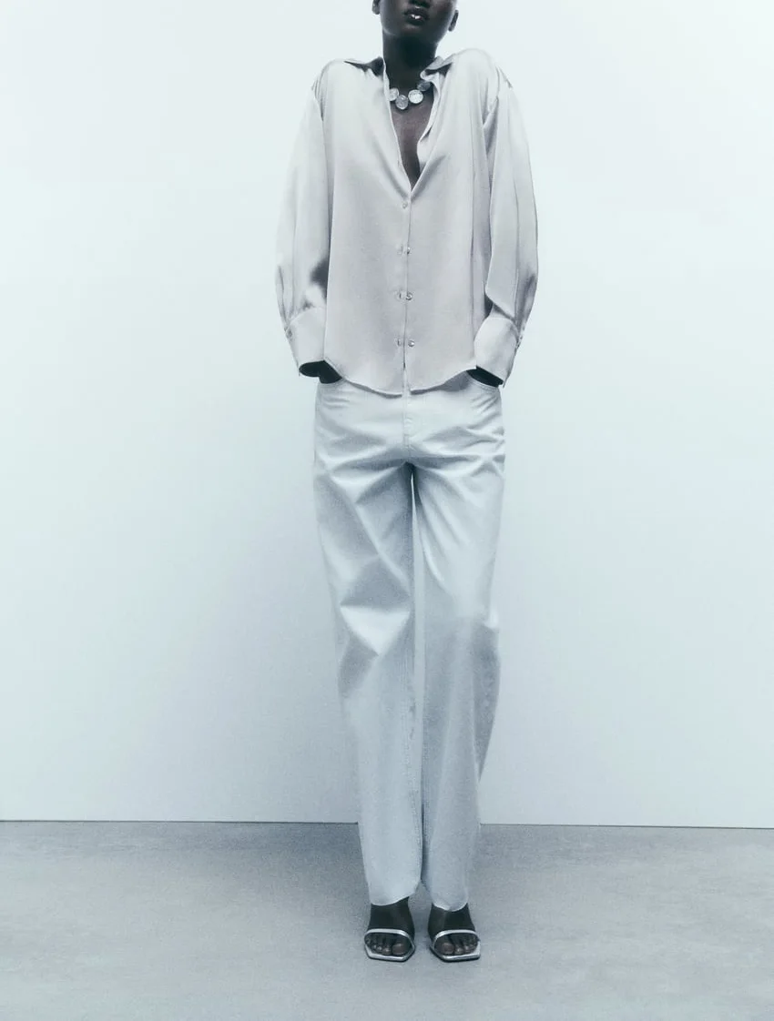 Spring New Loose Long Sve Single Button Silk Satin Drape irt Women's Commute Sle  Collar Polyester Fiber 874236