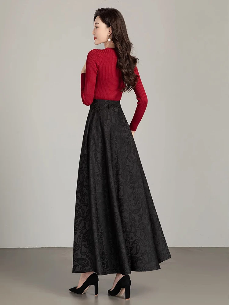 New Women Vintage National Style Black Jacquard Skirt Autumn Winter Fashion Elastic High Waist A-line Elegant Loose Long Skirt