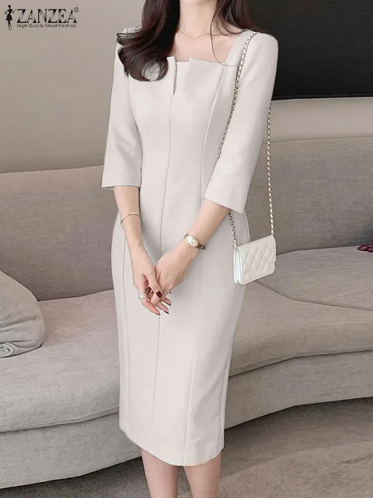 

ZANZEA Fashion Spliced Party Vestido 3/4 Sleeve Elegant Women Commute Short Robe Slim Solid Casual Square Neck Knee-length Dress