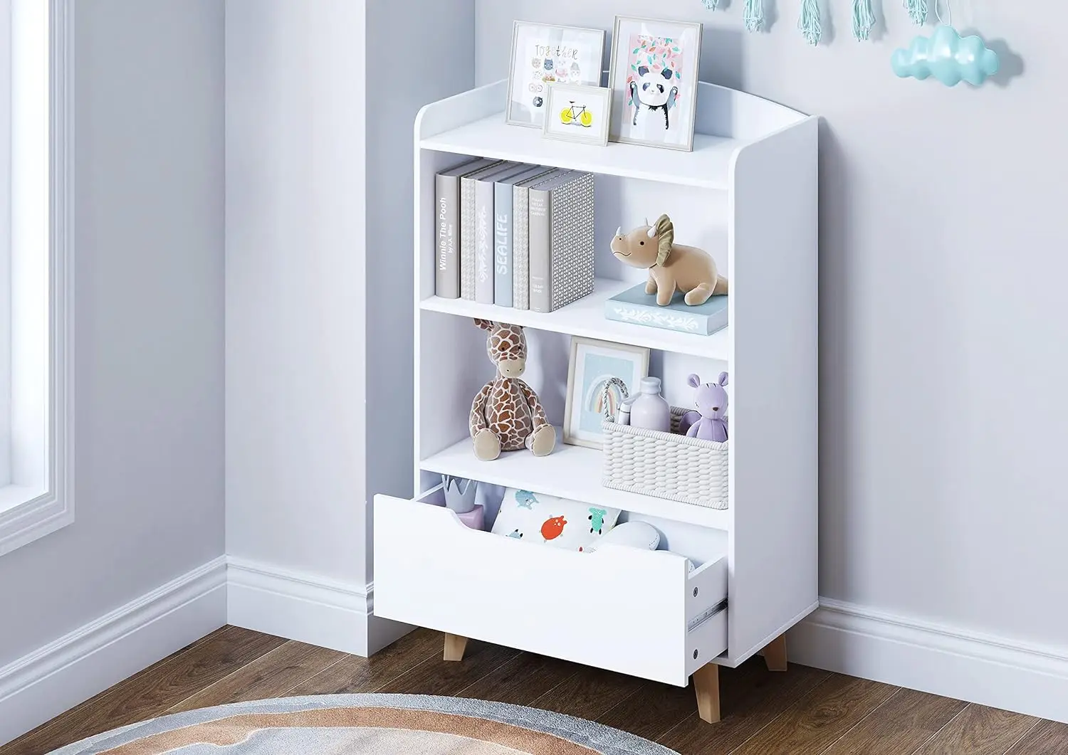 

Bookshelf, Wood Kids Toy Storage Organizer, Children's Bookcases with Storage and Drawer