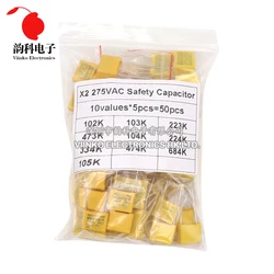 50pcs Polypropylene Film X2 Safety Capacitor Assorted Kit 275VAC 10Values Each 5pcs 1NF-1UF