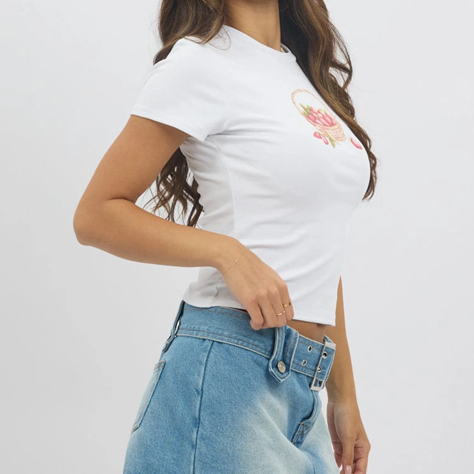 ฤดูร้อนผู้หญิงสบายๆพิมพ์ Crop Tops แขนสั้นลูกเรือคอ/สตรอเบอร์รี่พิมพ์ SLIM FIT เสื้อยืดเด็ก Tees streetwear