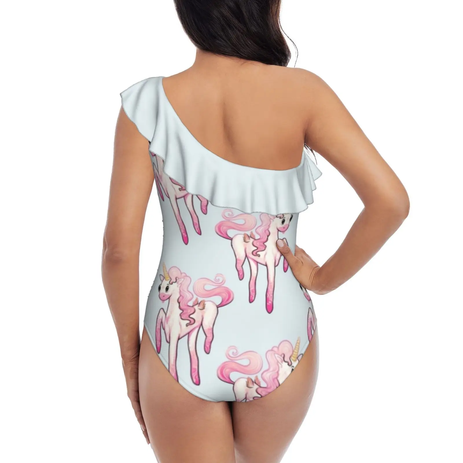 Super Cool Pink Unicorn One Shoulder Ruffle Swimsuit Women Swimwear Sexy Beach Wear Summer Bathing Suits Magic Unicorn Uni Cute