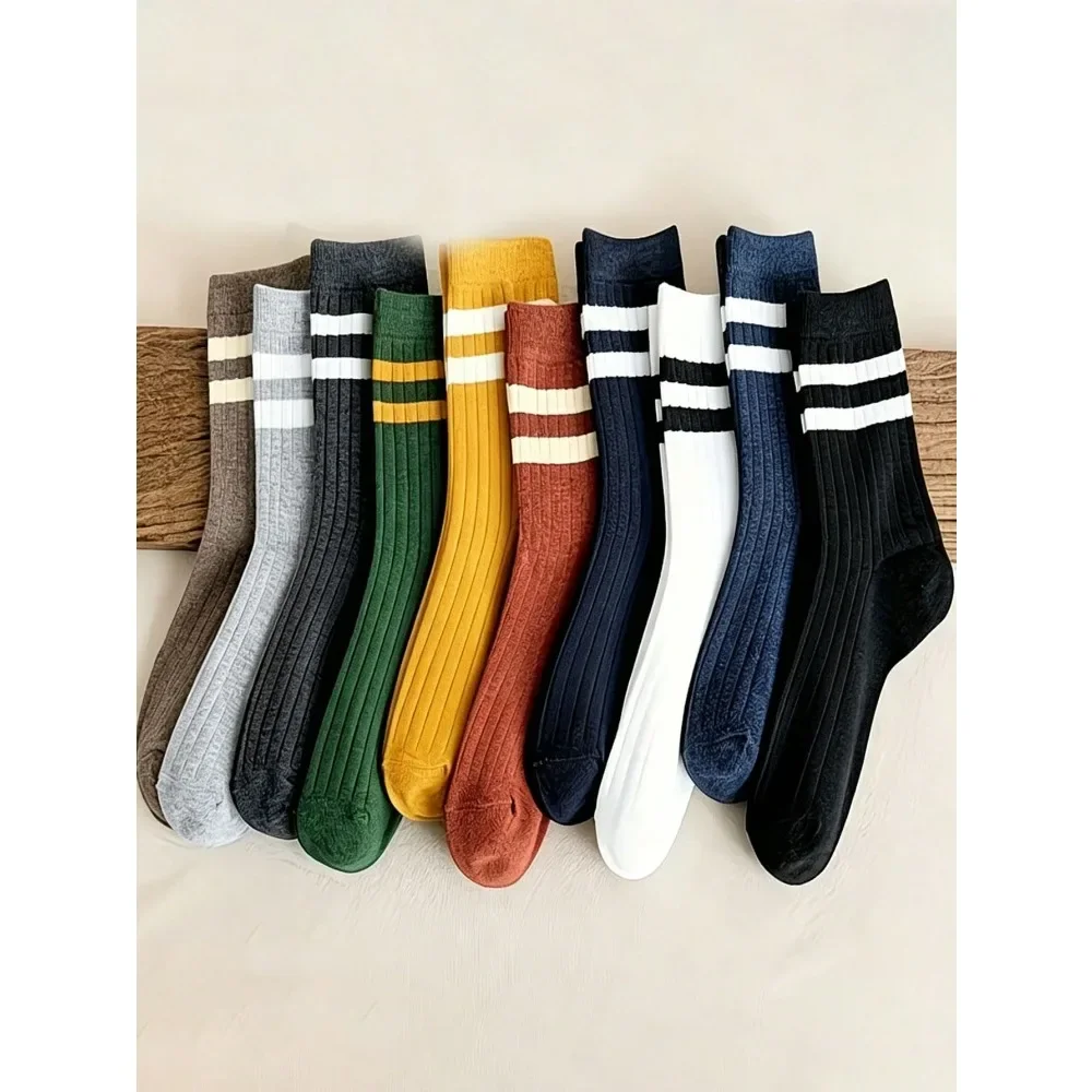 5/10 Pairs of Retro Two Striped Mid Tube Socks with Vertical Stripes for Women, College Style Versatile Socks in Multiple Colors