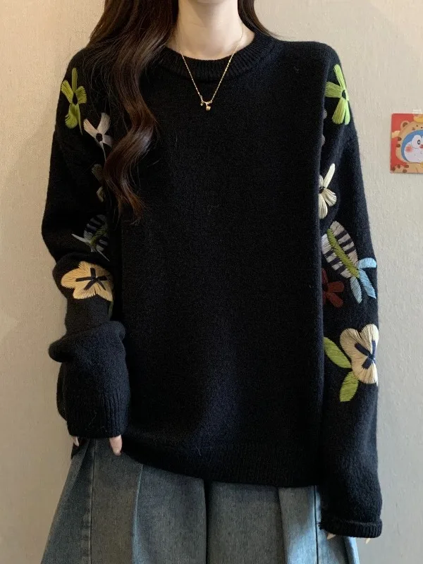 Prendas de punto bordadas coreanas para mujer, suéter holgado de talla grande para otoño e invierno, suéter adelgazante cómodo y largo