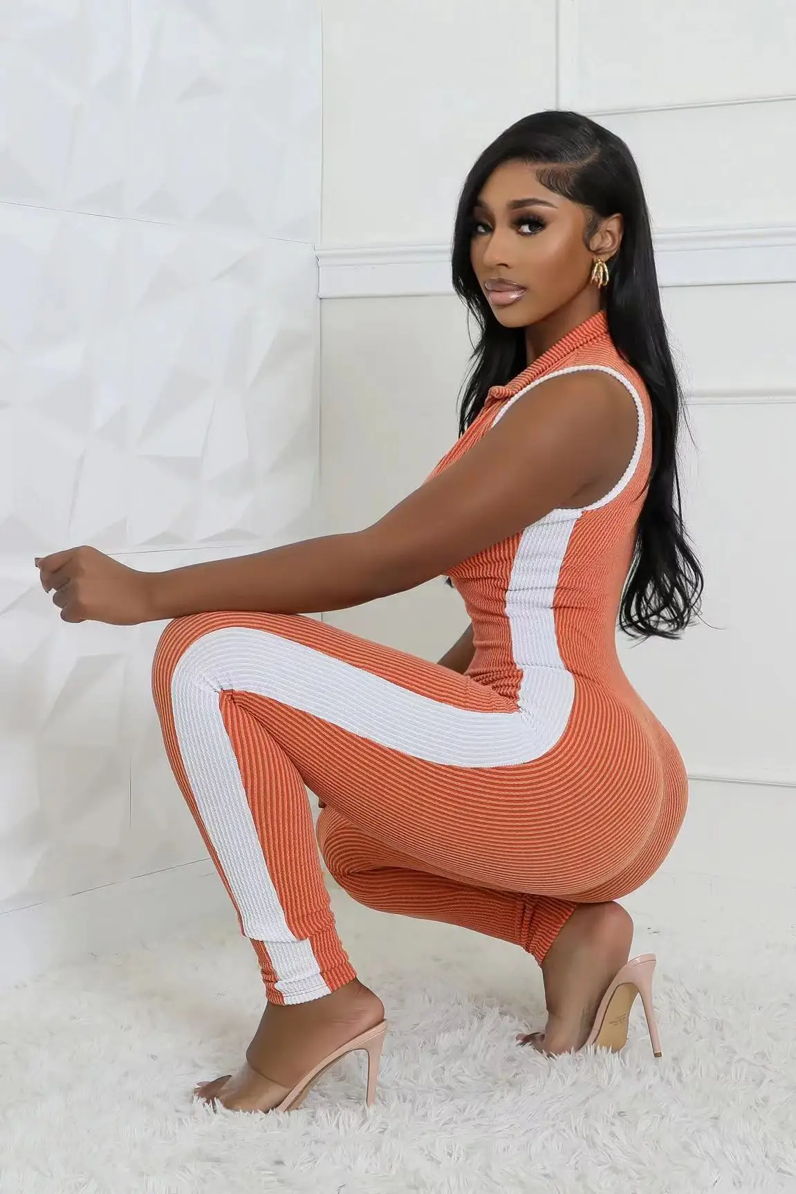 STYLISH LADY Patchwork Ribbed Jumpsuits 2025 Autumn Women Sleeveless Turn Down Collar Zipper Bodycon Sexy Club Party Overalls