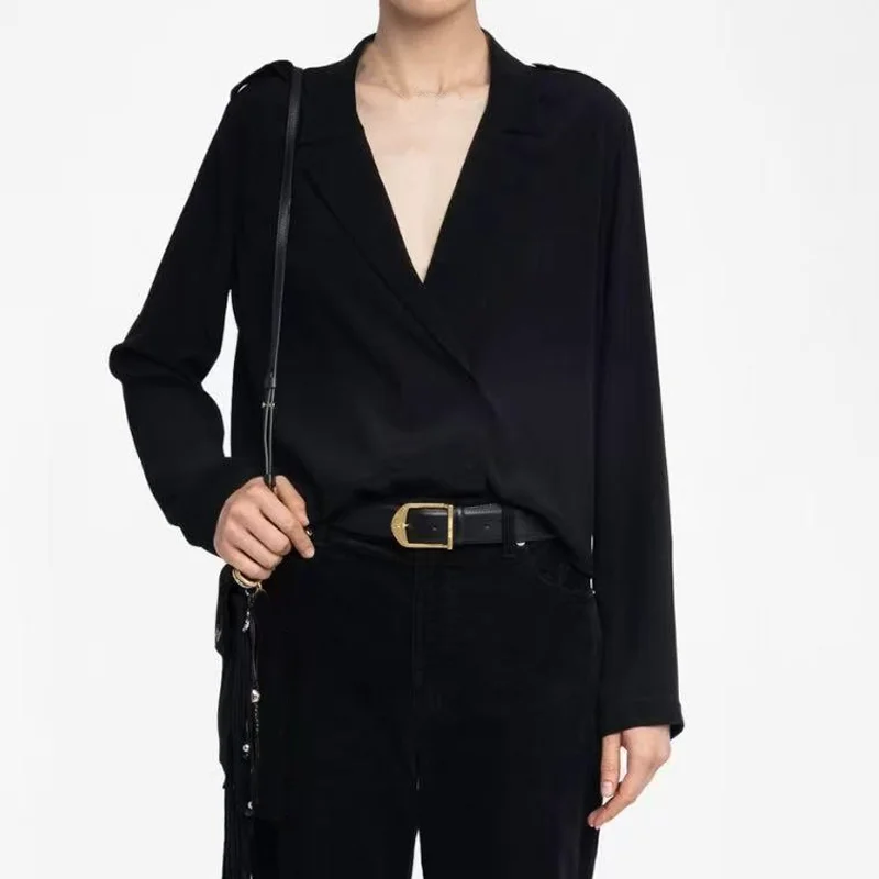 

Black V-Neck Shirt Women Lapel Epaulettes Summer Tops Long Sleeve Thin Pullover Zadig Female Shirts Loose Double-Breasted Blouse